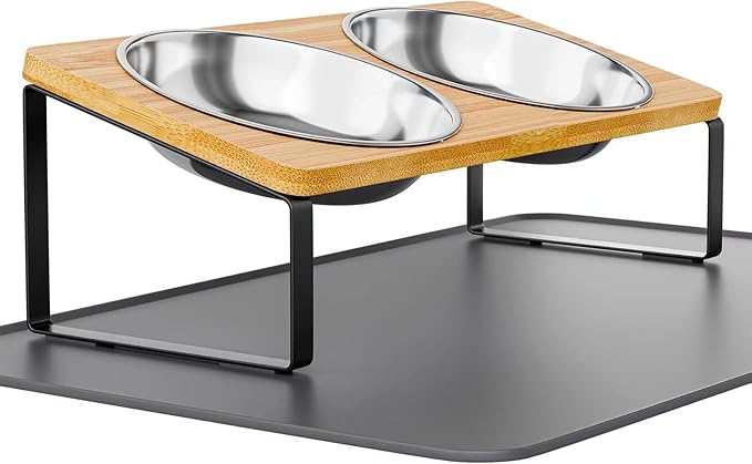 Elevated Cat Bowls Whisker Friendly,Cat Food Bowls with Silicone Food Mat,15°Tilted Stand Anti Vomiting Raised Cat Dishes for Food and Water,2 Stainless Steel Bowls for Cats and Puppy, Bamboo
