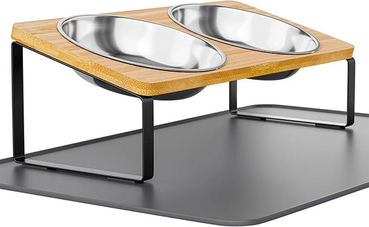 Elevated Cat Bowls Whisker Friendly,Cat Food Bowls with Silicone Food Mat,15°Tilted Stand Anti Vomiting Raised Cat Dishes for Food and Water,2 Stainless Steel Bowls for Cats and Puppy, Bamboo