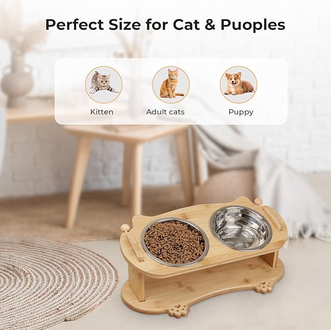 Upgraded Elevated Cat Bowls - 15°Tilted Stand Anti Vomiting Raised Cat Dishes for Food and Water, 2 Stainless Steel Bowls for Cats and Puppy, Bamboo Stand and Anti Vomit Feeding Station