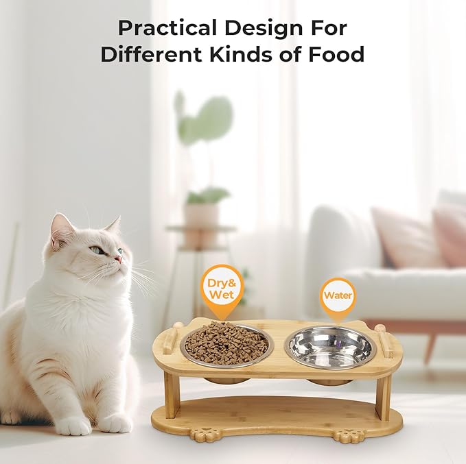 Upgraded Elevated Cat Bowls - 15°Tilted Stand Anti Vomiting Raised Cat Dishes for Food and Water, 2 Stainless Steel Bowls for Cats and Puppy, Bamboo Stand and Anti Vomit Feeding Station