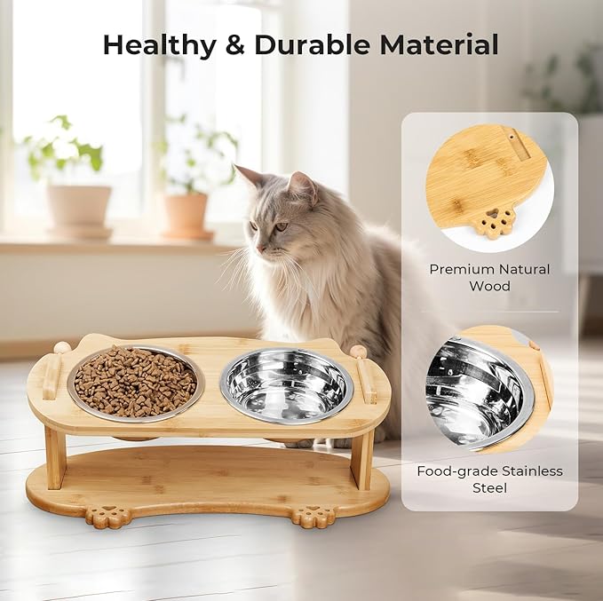 Upgraded Elevated Cat Bowls - 15°Tilted Stand Anti Vomiting Raised Cat Dishes for Food and Water, 2 Stainless Steel Bowls for Cats and Puppy, Bamboo Stand and Anti Vomit Feeding Station