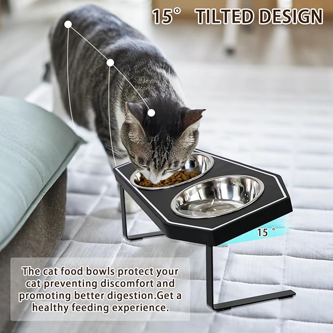 Cat Food Bowls Elevated, Gothic Cat Bowls, Raised Cat Bowls for Indoor Cats with Non-Slip Stand & Wood Board, Stainless Steel and Whisker Friendly Food Bowls