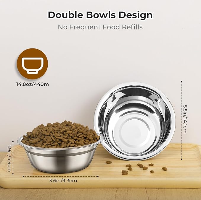 Upgraded Elevated Cat Bowls - 15°Tilted Stand Anti Vomiting Raised Cat Dishes for Food and Water, 2 Stainless Steel Bowls for Cats and Puppy, Bamboo Stand and Anti Vomit Feeding Station