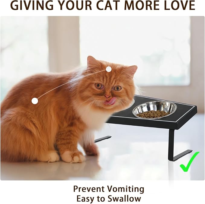Cat Food Bowls Elevated, Gothic Cat Bowls, Raised Cat Bowls for Indoor Cats with Non-Slip Stand & Wood Board, Stainless Steel and Whisker Friendly Food Bowls