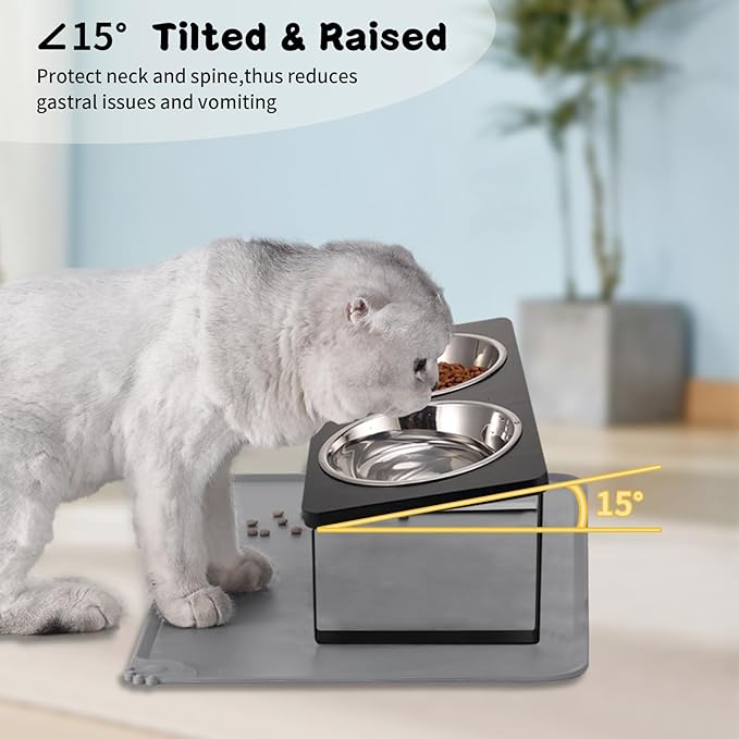 Upgraded Elevated Cat Bowls with Food Mat,15°Tilted Stand Anti Vomiting Raised Cat Dishes for Food and Water,2 Stainless Steel Bowls for Cats and Puppy