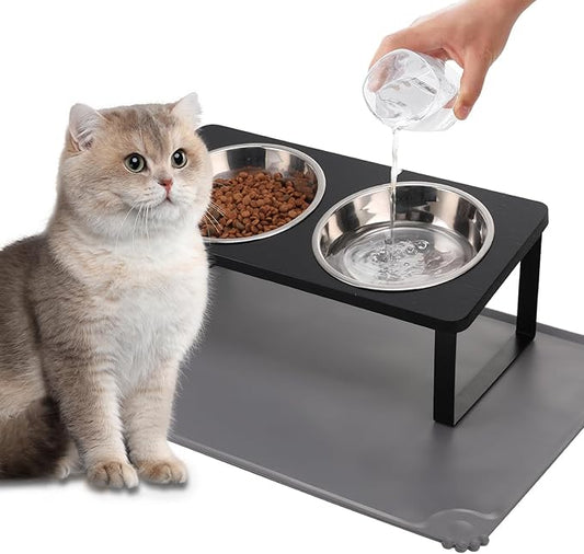 Upgraded Elevated Cat Bowls with Food Mat,15°Tilted Stand Anti Vomiting Raised Cat Dishes for Food and Water,2 Stainless Steel Bowls for Cats and Puppy