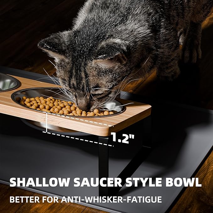 Elevated Cat Bowls Whisker Friendly,Cat Food Bowls with Silicone Food Mat,15°Tilted Stand Anti Vomiting Raised Cat Dishes for Food and Water,2 Stainless Steel Bowls for Cats and Puppy, Bamboo