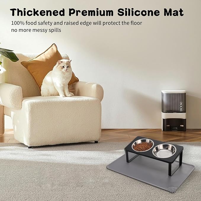 Upgraded Elevated Cat Bowls with Food Mat,15°Tilted Stand Anti Vomiting Raised Cat Dishes for Food and Water,2 Stainless Steel Bowls for Cats and Puppy