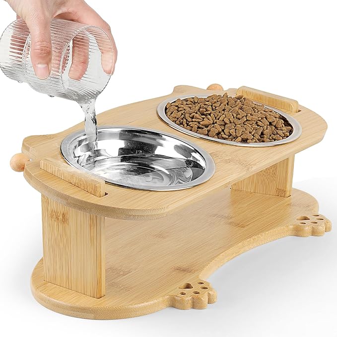 Upgraded Elevated Cat Bowls - 15°Tilted Stand Anti Vomiting Raised Cat Dishes for Food and Water, 2 Stainless Steel Bowls for Cats and Puppy, Bamboo Stand and Anti Vomit Feeding Station